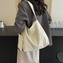 Low-Key Pure White Women Ruched Shoulder Bag Exquisited Nylon Pretty Versatile Crossbody Leisure Commuter Composite Bag