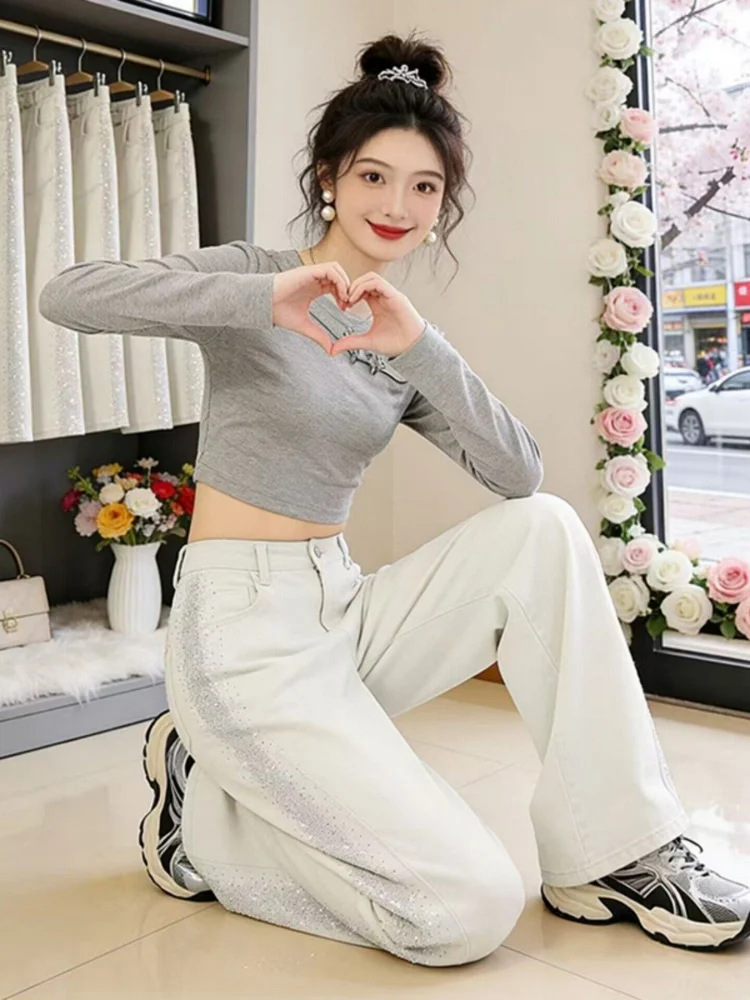 

White Shiny Diamond Wide Leg Jeans Women's Fashionable Loose Korean Style Summer 2026 High Waist Straight Cut Pants