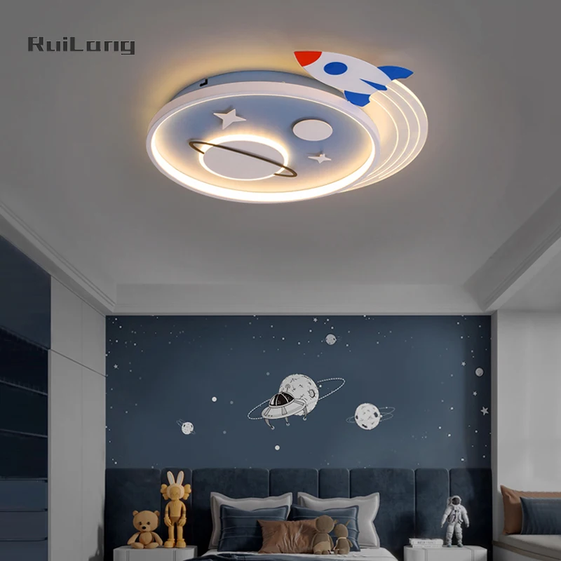 الكرتون صاروخ Led مصباح السقف غرفة نوم الأطفال بنين طفل أطفال غرفة ضوء ثريا تركب بالسقف كوكب الفضاء ضوء السقف لامبارا