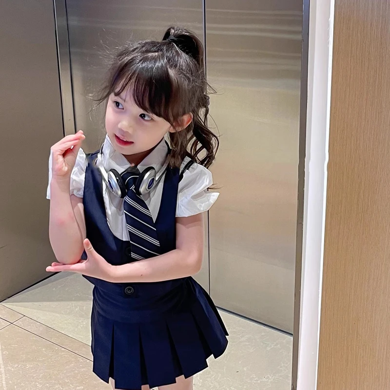 Children\'s Clothing Set Girls Academy Fake Two piece Short sleeved Top+Tie+Pleated Skirt 3Pcs 2024 Summer New School Uniform