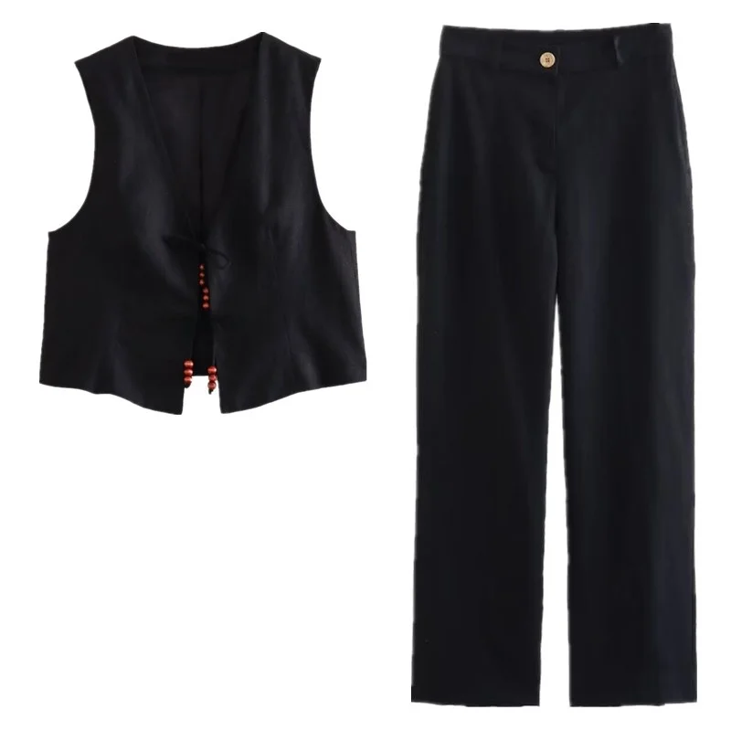 Ceco de lino con cuello en V y cuentas para mujer, joyería Retro de moda de verano, orme de estudiante de tela de poli...