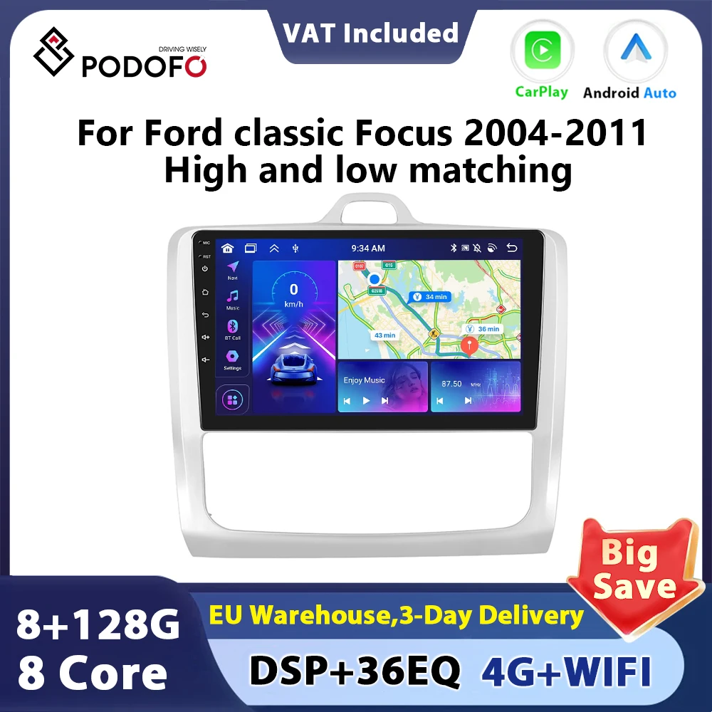 Podofo 8core Android 2din autoradio CarPlay Android Auto Radio pour Ford focus 2 3 Mk2 Mk3 2004-2011 GPS Nav Bluetooth DSP WIFI