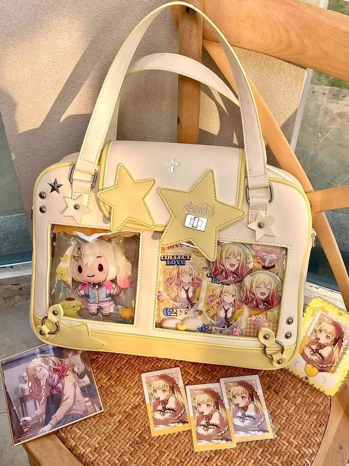 

Bloom Large Capacity Star Yellow Handbag Ita Bag Women Transparent Leather Shoulder Girls Haruku Crossbody Bags 2025