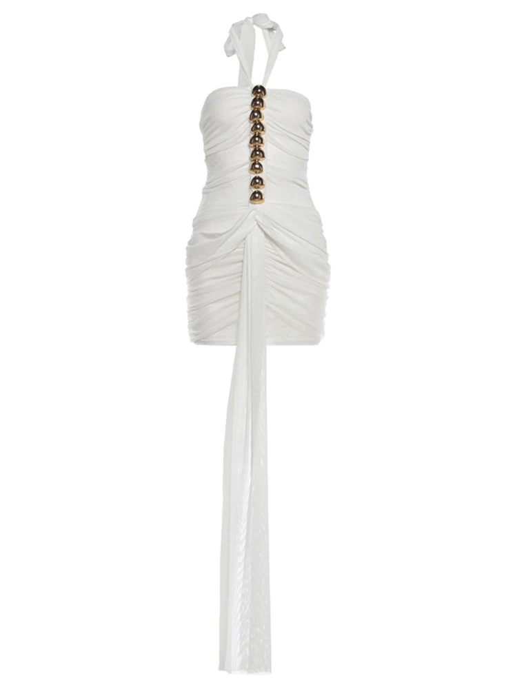 Nibber Pfirsichfarbenes Hüft-Metalldekorations-Minikleid Damen Neckholder Rückenfreies Mesh-Patchwork Bandverzierung Eng Anliegendes Mitternachts-Club-Party Sexy Bodycon-Kleid – Detail 2