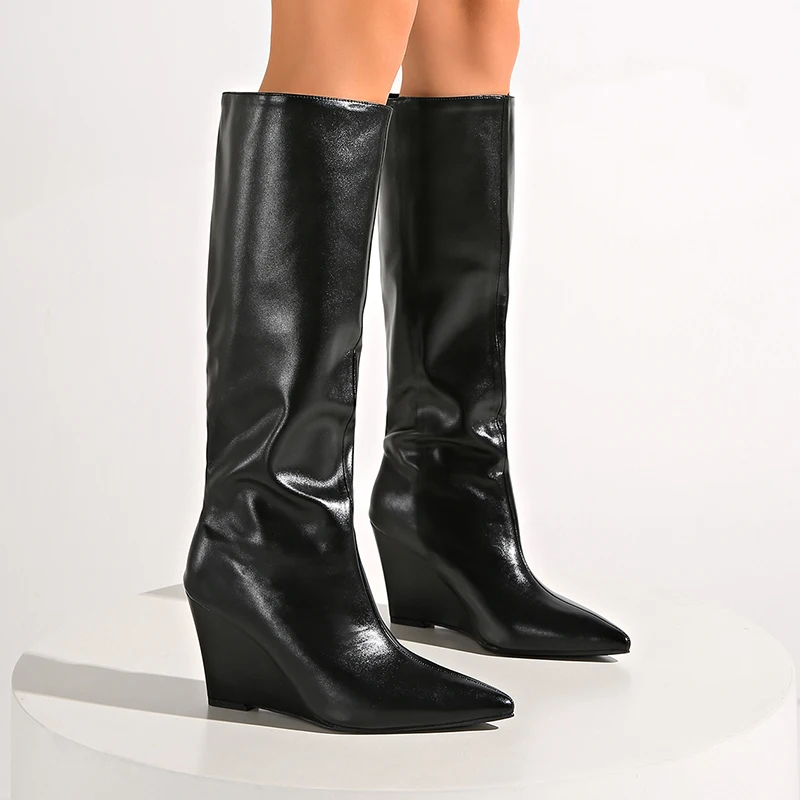 

Sexy Super High Heel Black Long Chelsea Boots Women 2025 New Pointed Toe Wedge Heel Knee-High Boots Designer Shoes Autumn Winter
