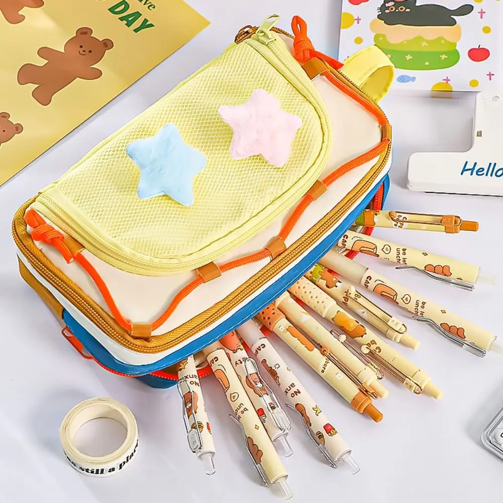 Portable Contrast Color Pen Bag Seven Layers Large Capacity Pencil Case Multifunction Stationery Organizer School Office