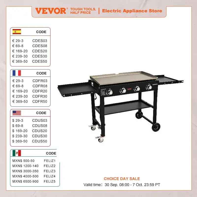 VEVOR 4 Burners 36inch Gas Powered Grill Propane Gas BBQ Grill with Side Shelves BBQ Grill Cooking Station for Camping Parties