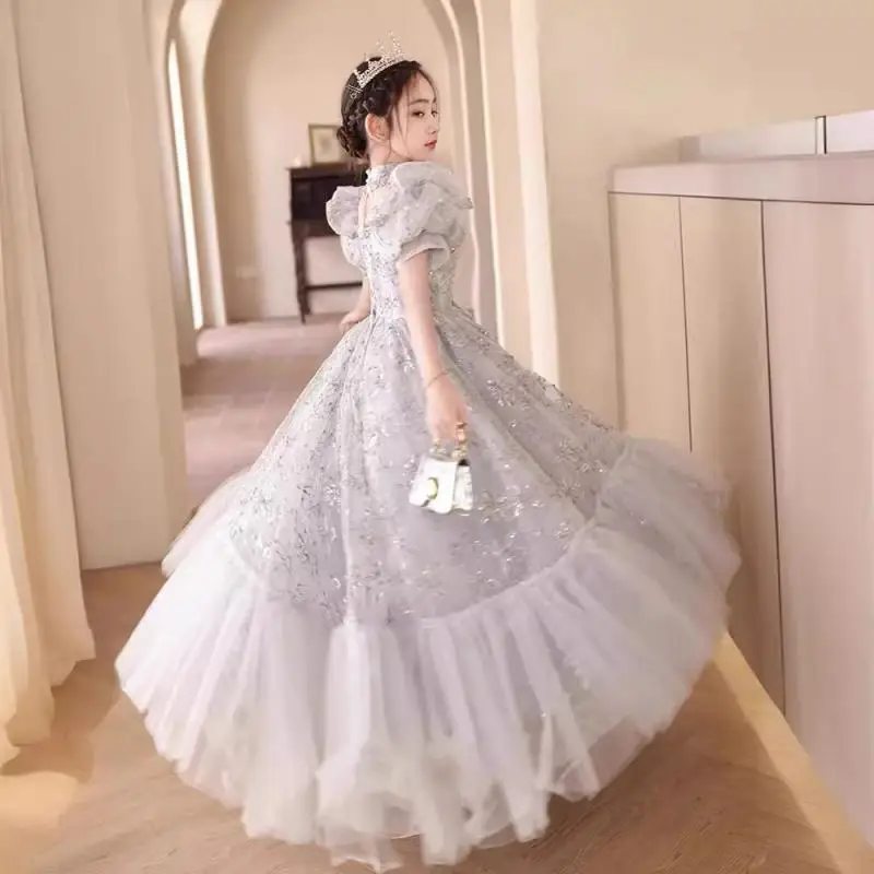 2024 Luxury Girl Children\'s Long Dress Elegant Noble Puff Sleeves Ball Gown for Children Kids Formal Evening Party Teen Costume