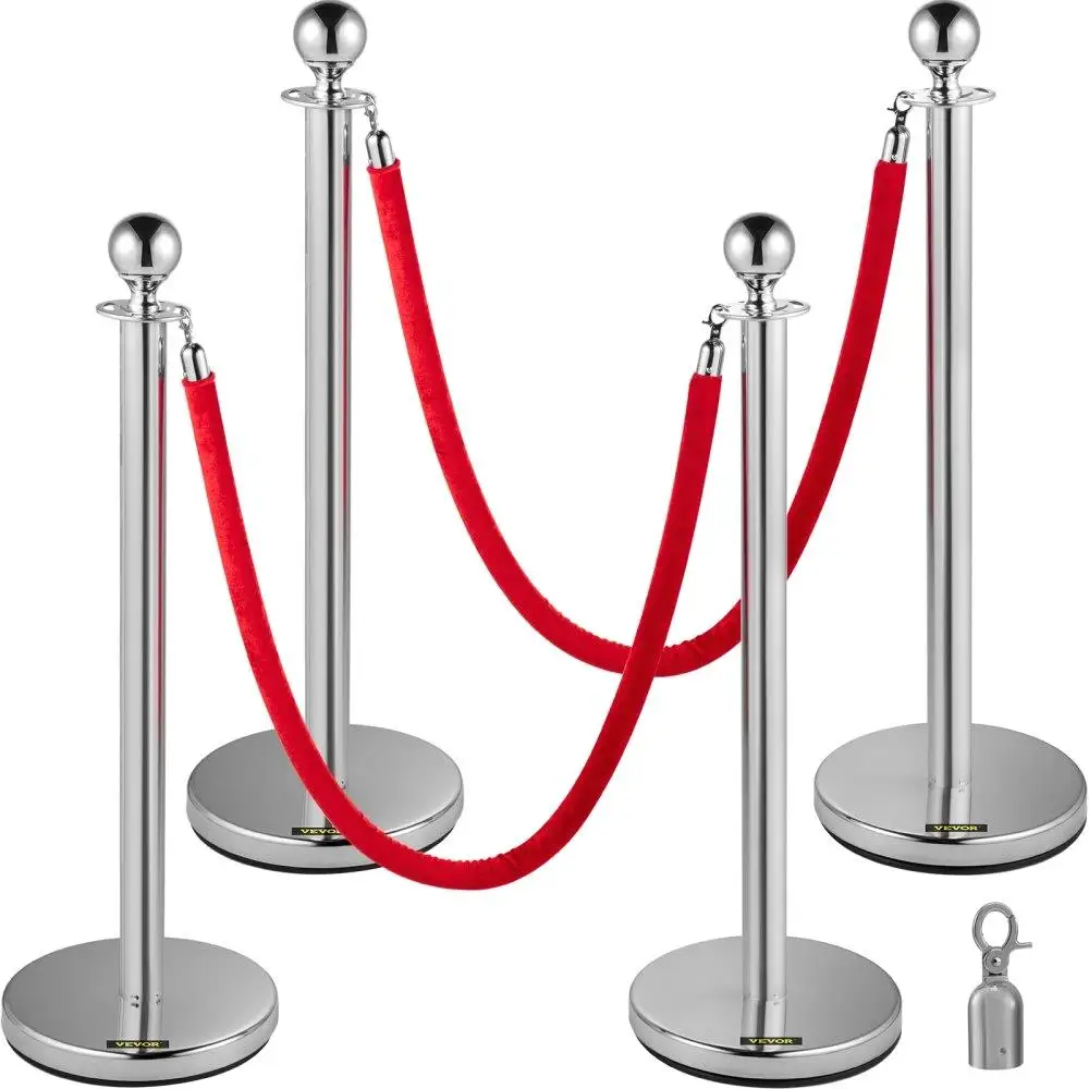 

4PCS Stainless Steel Stanchion Posts Queue, Red Velvet Ropes Silver, 38In Rope Barriers Queue Line Crowd Control Barriers for
