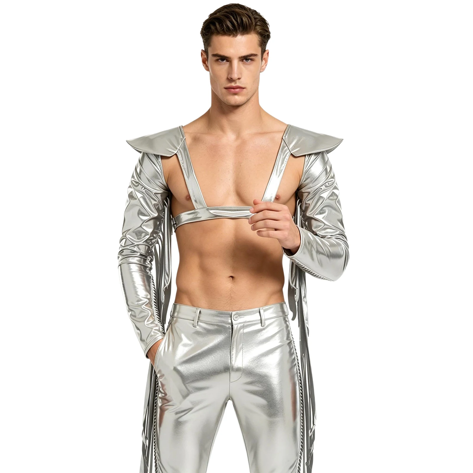 Mens Adjustable Chest Harness Club Party Crop Top Metallic Shiny Long Sleeve with Tassels Structured