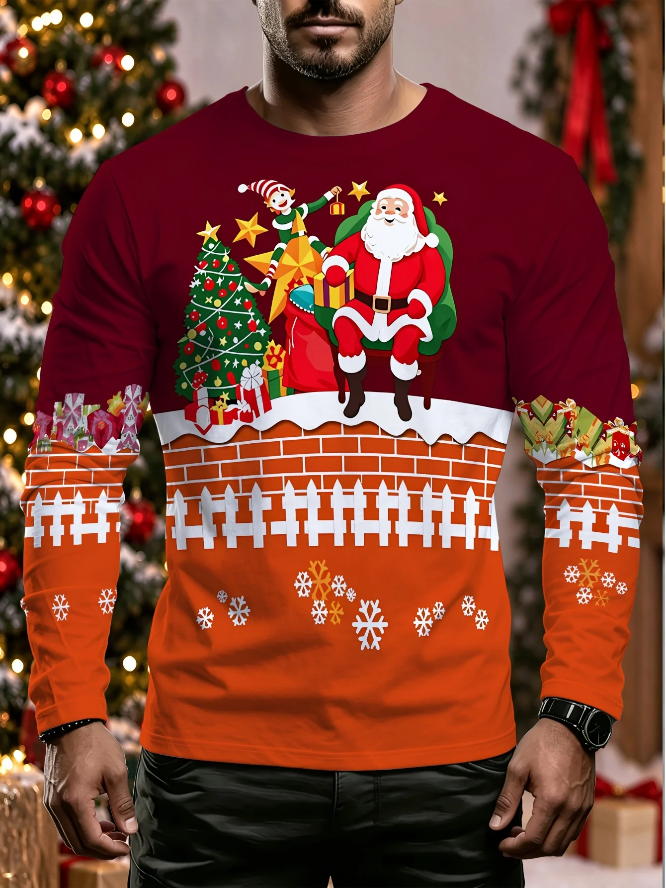 Men Long Sleeve Tshirt Snowman Snowflake Fair Isle 3D Print Autumn Winter Holiday Party Casual Tops New Year Gift Men's Clothing