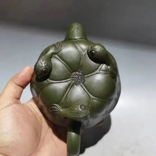 Green Chinese Yixing Purple Clay Teapot With Frog And Lotus Leaf Design, 360Ml