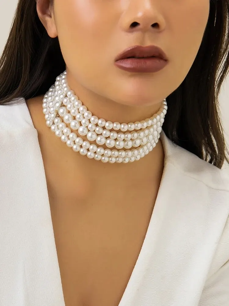 Vintage Imitation Pearl Multi-Layer Necklace Oval Beasds Choker Elegant Collar for Women's Chain Jewelry Accessories Party Gift