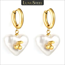 LUXUSTEEL Statement Stainless Steel Heart Shape Pendant Hoop Earrings for Women White Pearl Cherry Korean Ear Jewelry