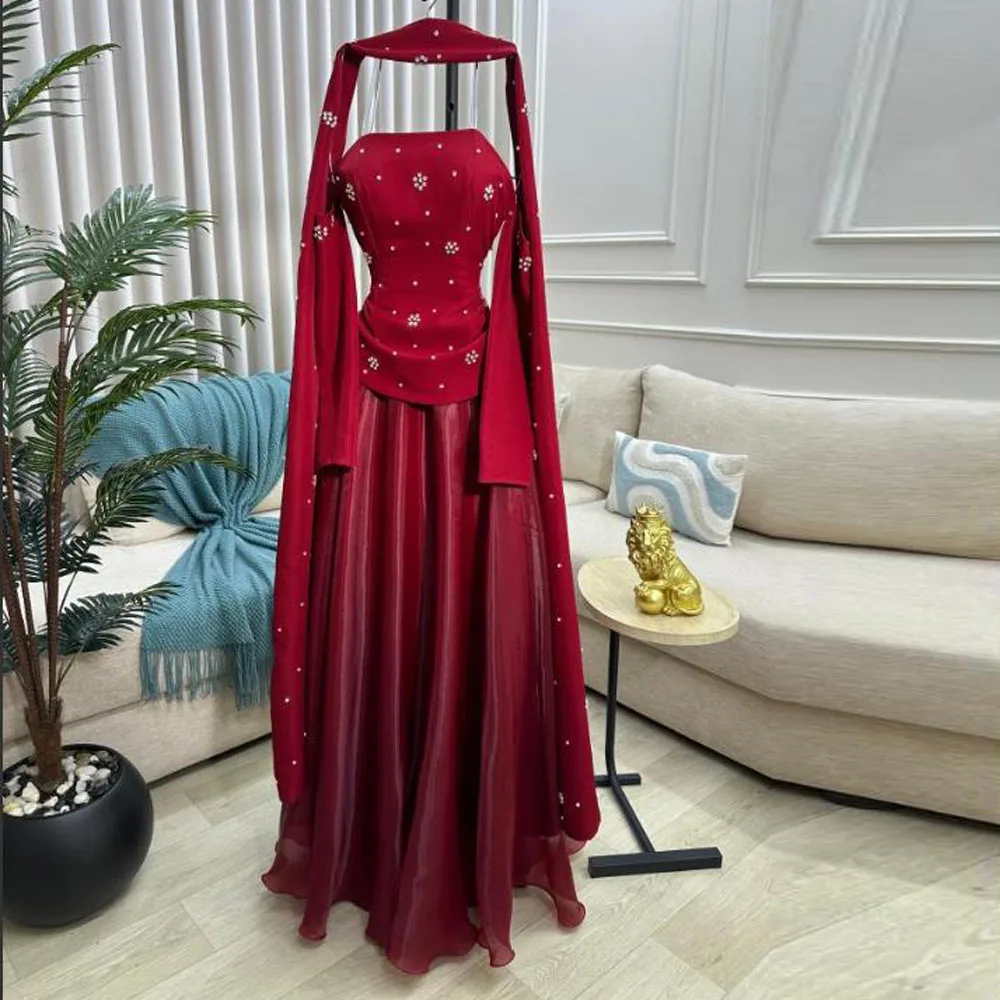 

Customized Crystal Embellished Evening Dress with Scarf Strapless A Line Formal Gown Burgundy Crepe فساتين سهرة