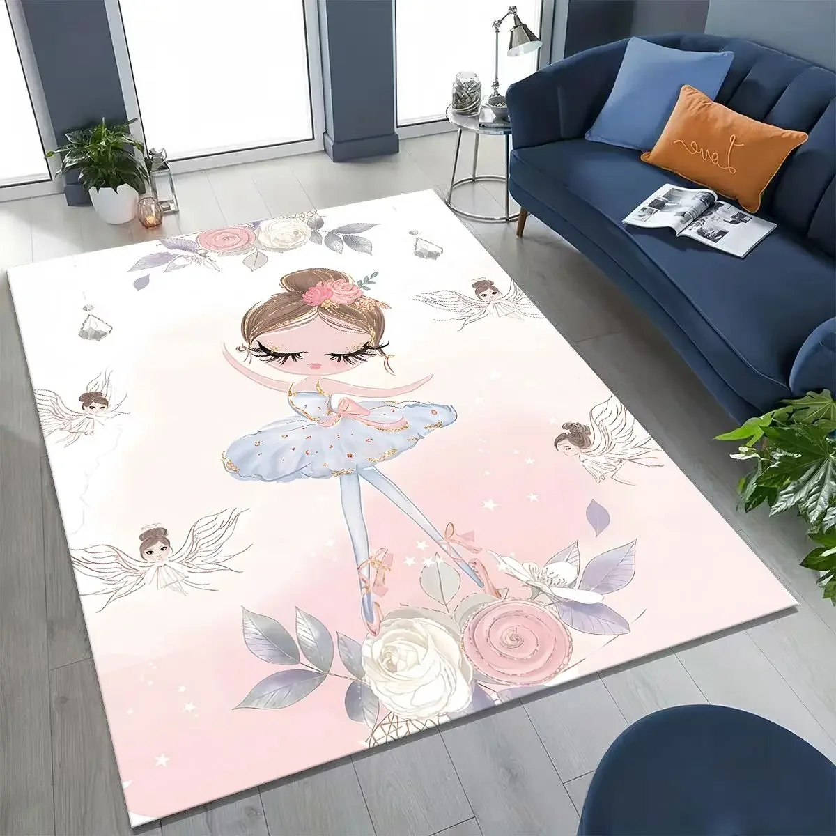 Elegant Ballet Dacing Girl Ballerina Cartoon Rug for Bedroom Living Room Sofa Home Doormat Decor,Large Kids Non-slip Floor Mat
