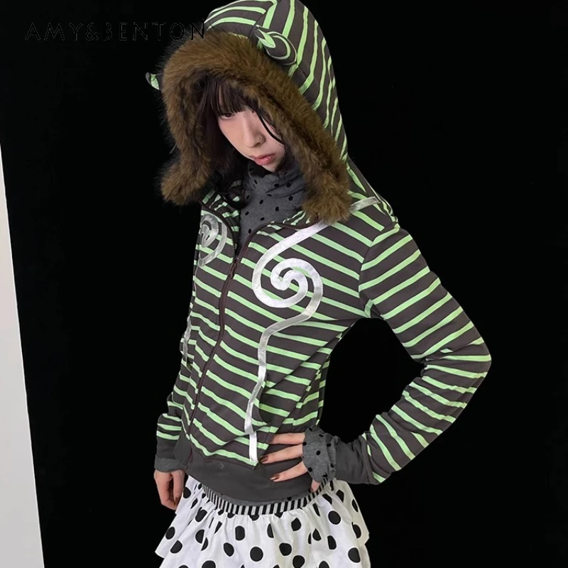 

Оригинальный дизайн, полосатый меховой воротник, капюшон, молния, женский кардиган, осень-зима, новый утягивающий универсальный свитшот, женская куртка