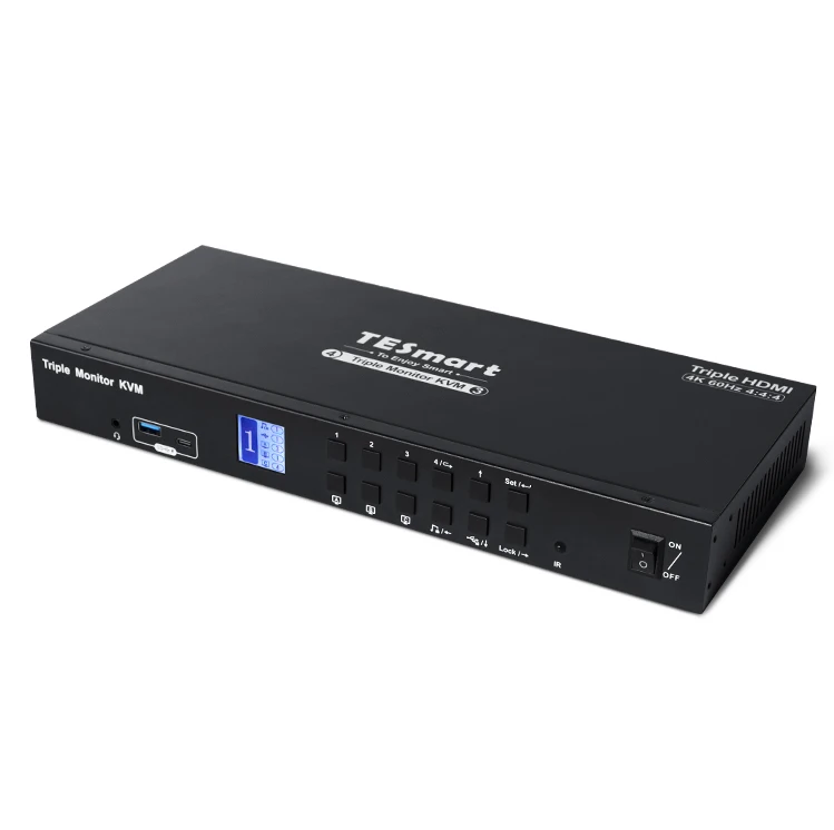 

TESmart 4-портовый тройной KVM-переключатель Mon Tor H D 4K 60 Гц с концентратором USB 3.0, гарнитура, аудио и микрофон, порт LAN, ЖК-переключатели KVM
