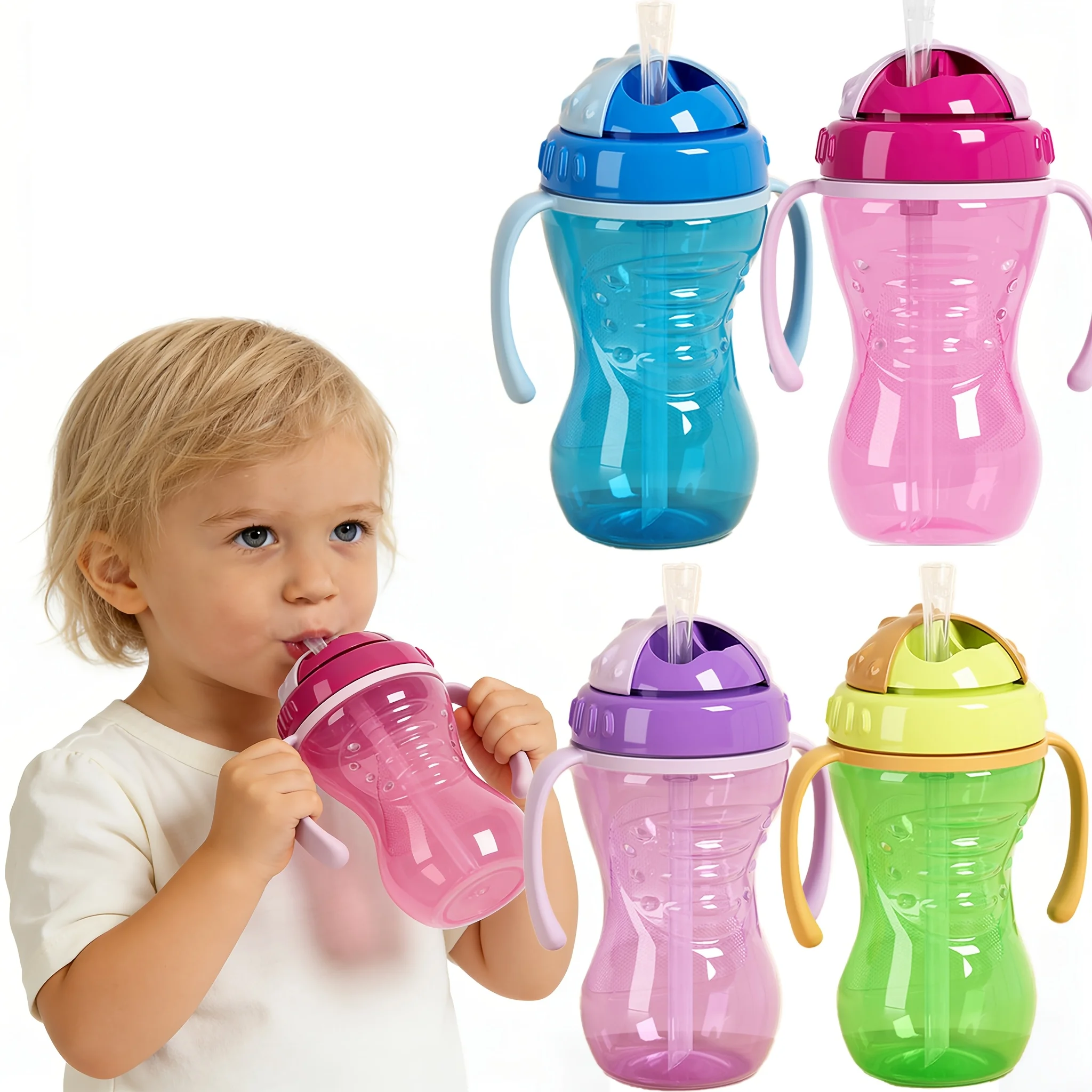 300ML Leak-Proof Baby Straw Cup with Handle Easy-Grip, Straight Drinking Water Bottle, Anti-Spill Learning Trainer Cup