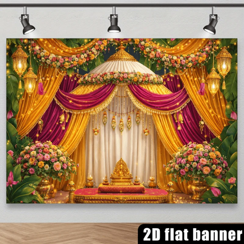 Goldverzierter Laternen-Hintergrundstoff im traditionellen indischen Stil, mit orangefarbenen Ringelblumen und rosa Rosen.