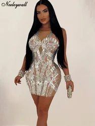 Neeleywall Luxury Woman Evening Dress Glam Sleeveless O Neck Nude Crystal Night Dress Celebrities Outfits