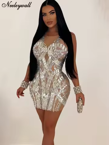 Neeleywall Luxury Woman Evening Dress Glam Sleeveless O Neck Nude Crystal Night Dress Celebrities Outfits