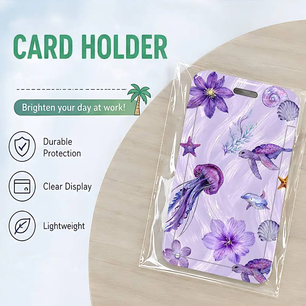 Ocean Unique Purple Jellyfish Starfish NFC Contactless Sliding Card Sleeve For Student Cards, Bus Cards, ID Cards