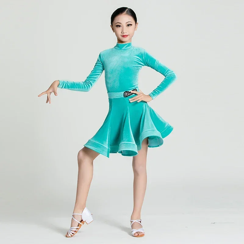 2023 New Autumn Winter Velvet Children\'s Latin Dance Training Costume Long Sleeve Grading Competition Dress