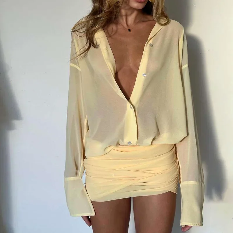 Turn Down Collar Single-breasted See Through Yellow Shirt Dresses Women Sexy Short Bodycon Dresses 2025 New Clubwear Party Dress