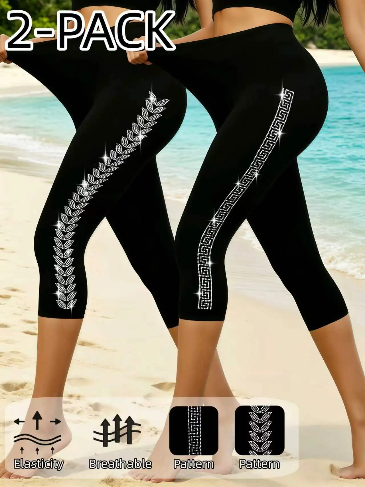 

Women's Side Leaf Pattern Rhinestone High Waist Stretch Seven Pants Elegant Casual Trousers For Shopping Party Daily Wear