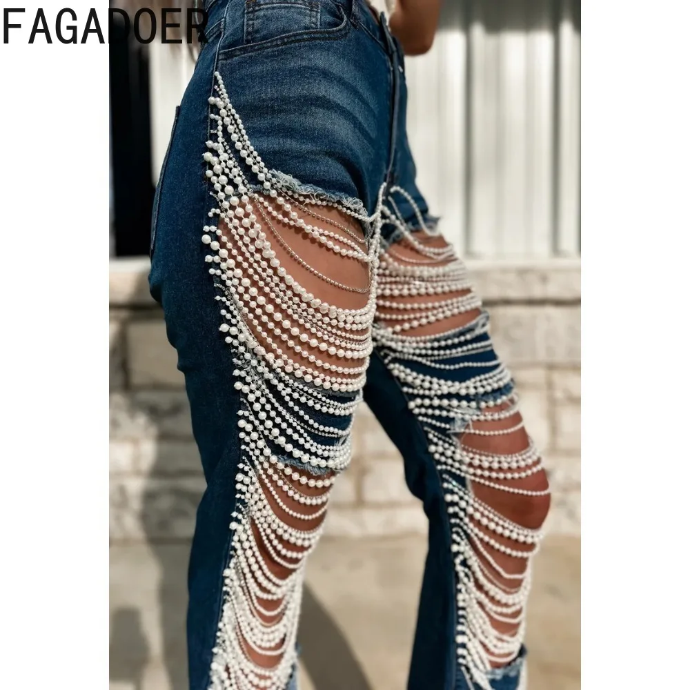 FAGADOER Fashion Streetwear Women High Waisted Button Chain Hollow Out Straight Jeans Pants Female Pocket Denim Trousers Bottoms