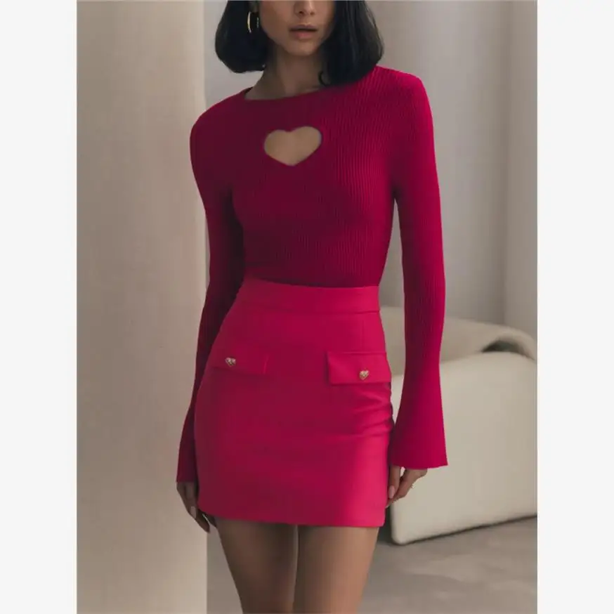 เสื้อสเวตเตอร์ถักไหมพรมผู้หญิง แขนยาว สไตล์ลำลอง ดีไซน์ลายหัวใจโปร่ง  ใส่ได้หลากหลาย สวมใส่สบาย ผ้าฝ้าย 100% แฟชั่นฤดูใบไม้ร่วง