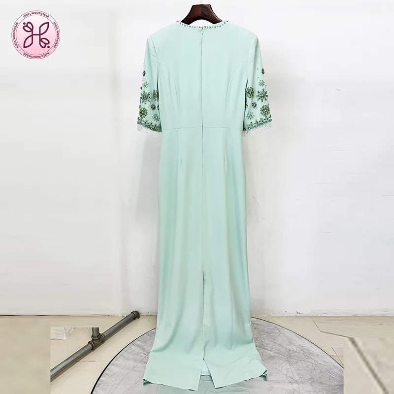 2025 Mint Green Evening Gown - Sheer Panel Beaded Long Sleeve Maxi (Women's Luxury Formal Dress)