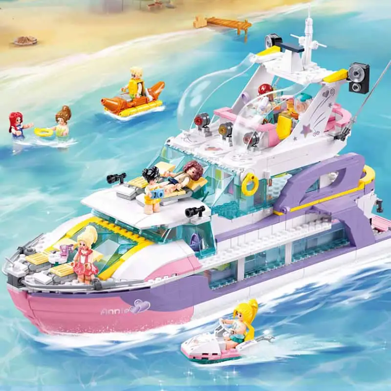 1108PCS Friends Heart Lake Holiday Yacht Speedboat Party Building Blocks Boat Ship Figures Bricks Toys For Children Girl Gifts