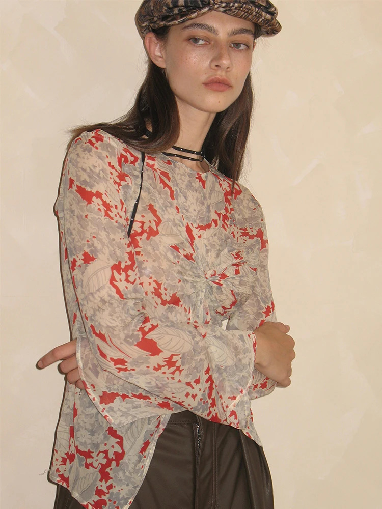 

Early Spring Floral Print Deconstructed Asymmetric round Ne Long Sve Flared Sve Spicy Girl Top Original Design Women'...