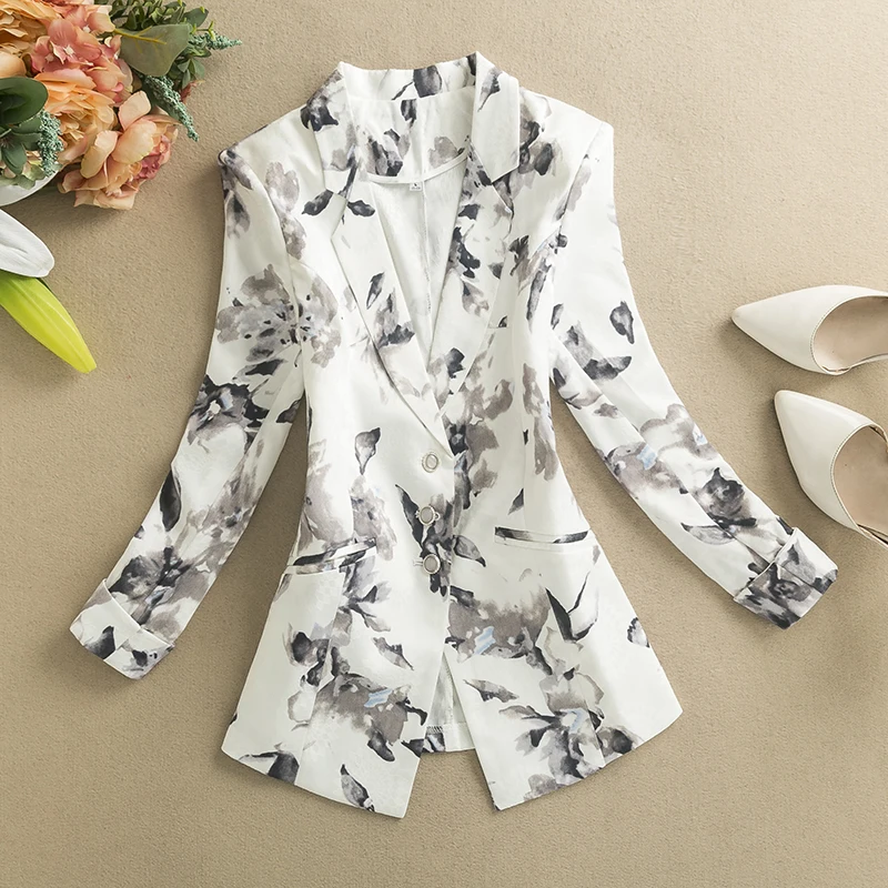 الأزهار طباعة ort المرأة البدلة Jaet الكورية Sle عادية الخصر مقصوص سليم صالح معطف الغربي الربيع الصيف وصول جديد