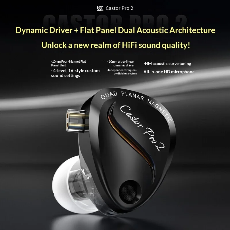 Fones de ouvido intra-auriculares KZ Castor Pro 2 com driver dinâmico duplo, fones de ouvido com fio HIFI, monitor de palco para transmissões ao vivo, para entusiastas da música.