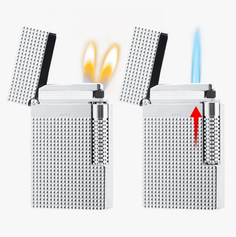 Luxury Side-Slip Flint Lighter Dual Diamond Torch, Switchable Soft & Jet Fire, Crisp Loud Sound Refillable Gas Cigar Lighter