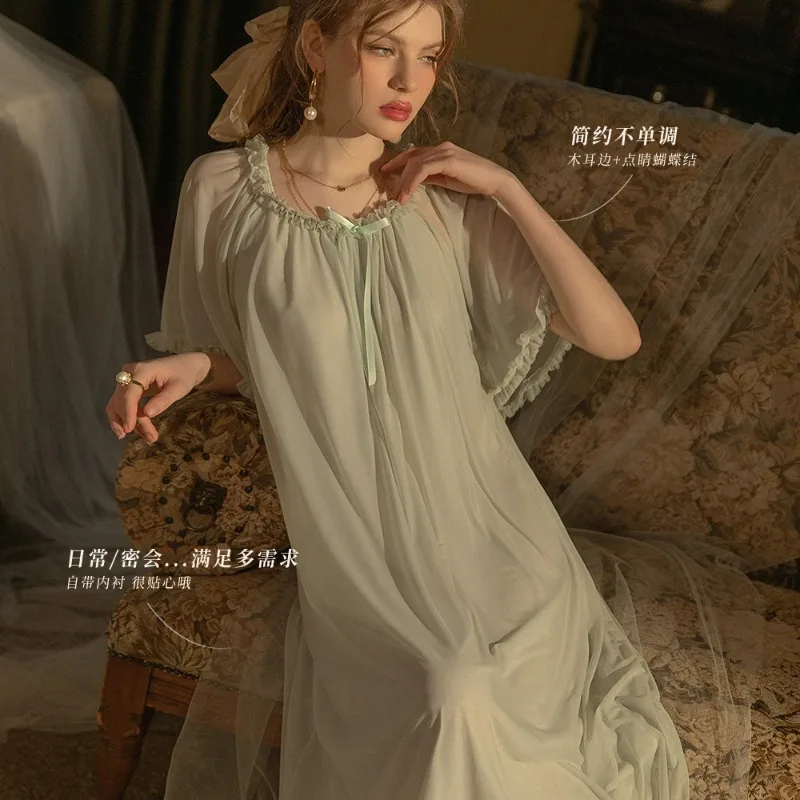 New 2024 Sexy Lingerie Nightdress Solid Kawaii Lace Mesh Sleepwear Tulle Temptation Women's Nightgown Nightwear Sleeping Dress