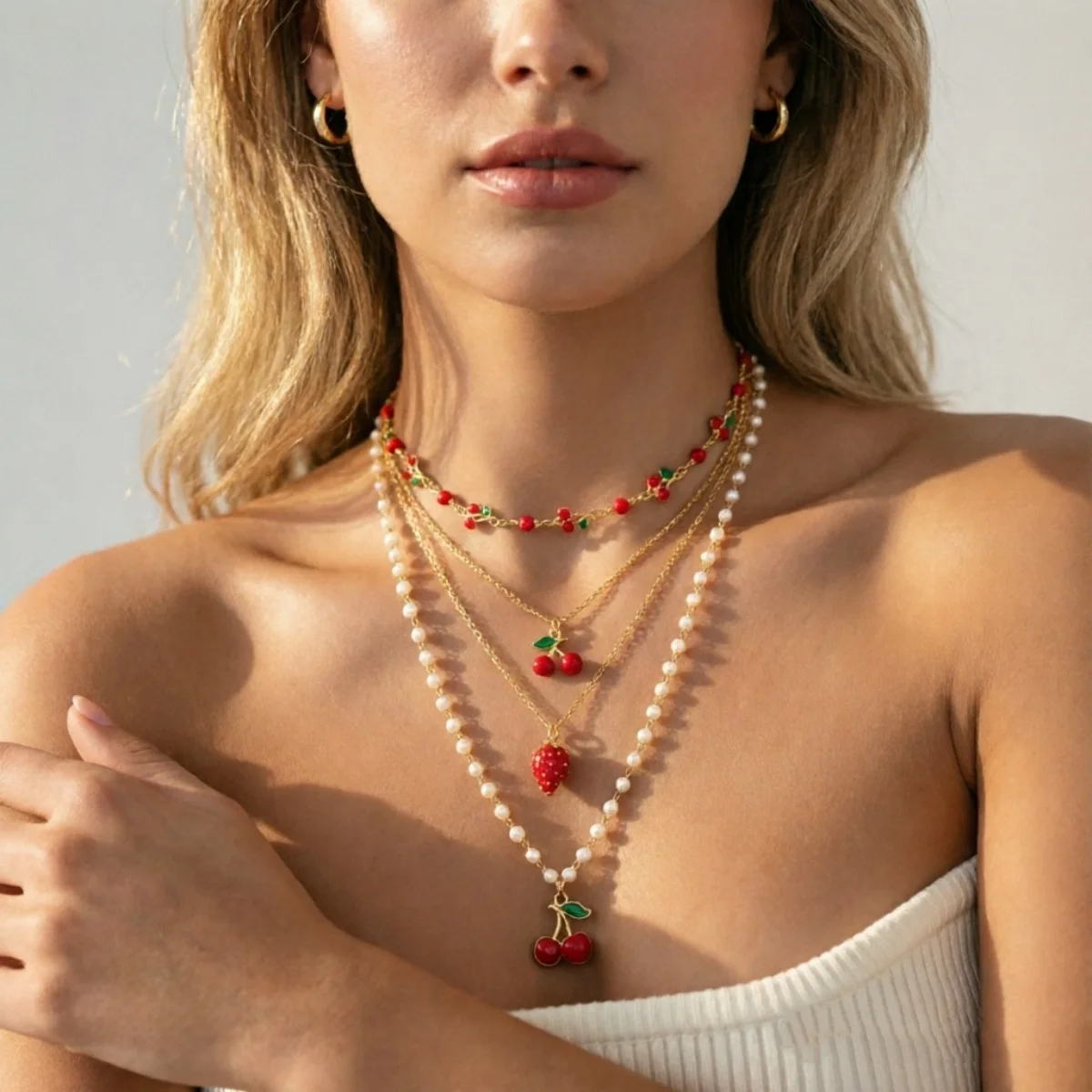 Rote Kirsche Erdbeer-Simulationsperlen-Halskette für Damen und Herren, mehrschichtig, Keramikblume, Schleife, Herz, Baum, Choker, Hochzeitsschmuck – Detail 15