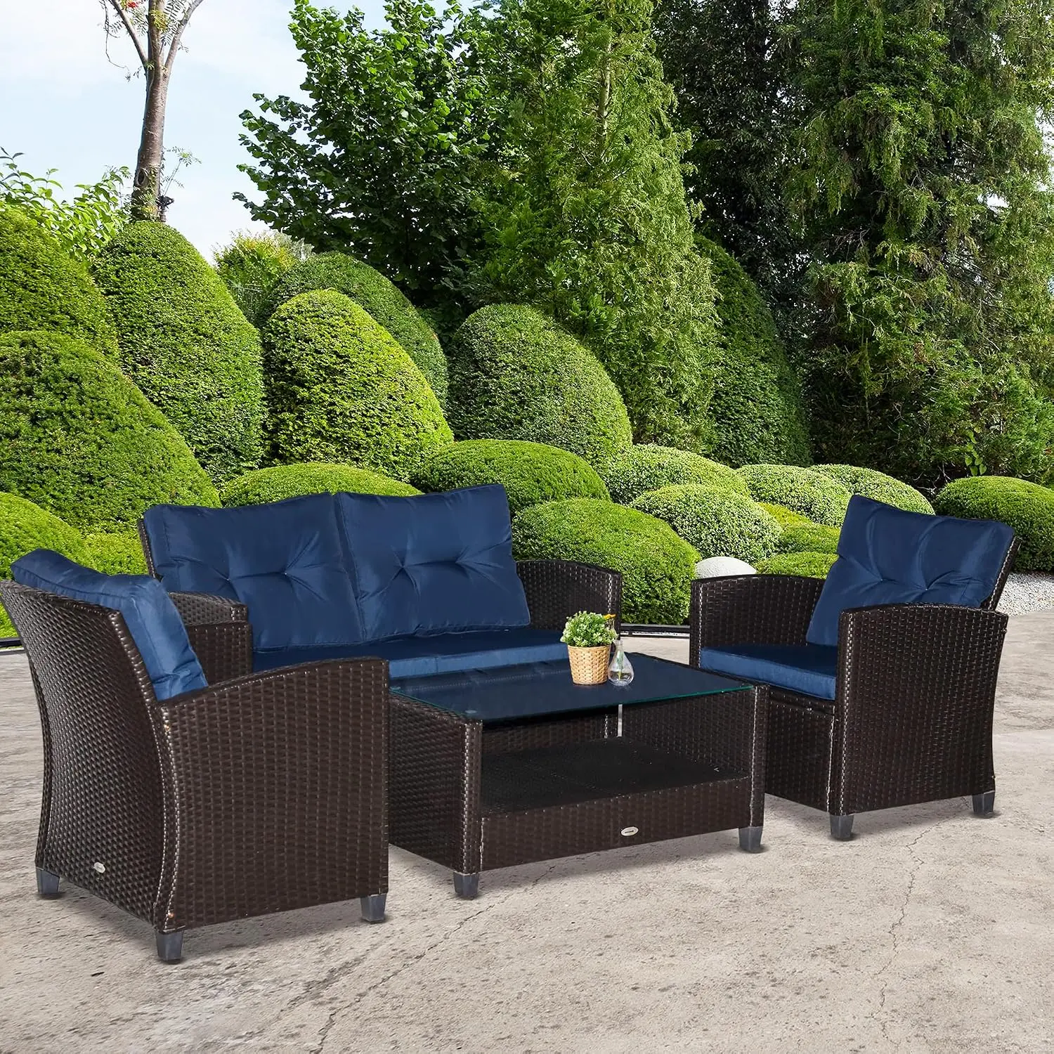 4-Piece PE Rattan Patio Sofa Set With Cushions, Outdoor Garden Furniture, Blue, Customized