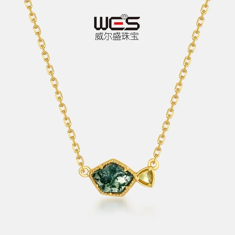 Irregular Green Moss Stone Necklace 18K Gold Inlaid with Colored Baby Stones PT950 Platinum Agate Agate