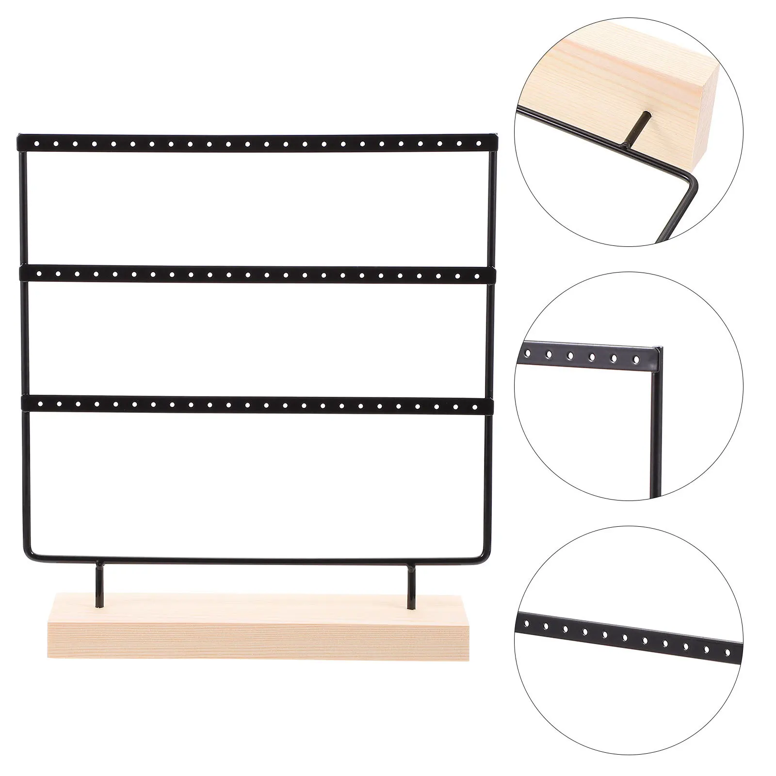 

1pc 3 Tier Jewelry Display Stand Iron Holder 72 Holes Earrings Organizer Wooden Base Home Jewelry Store Storage Rack