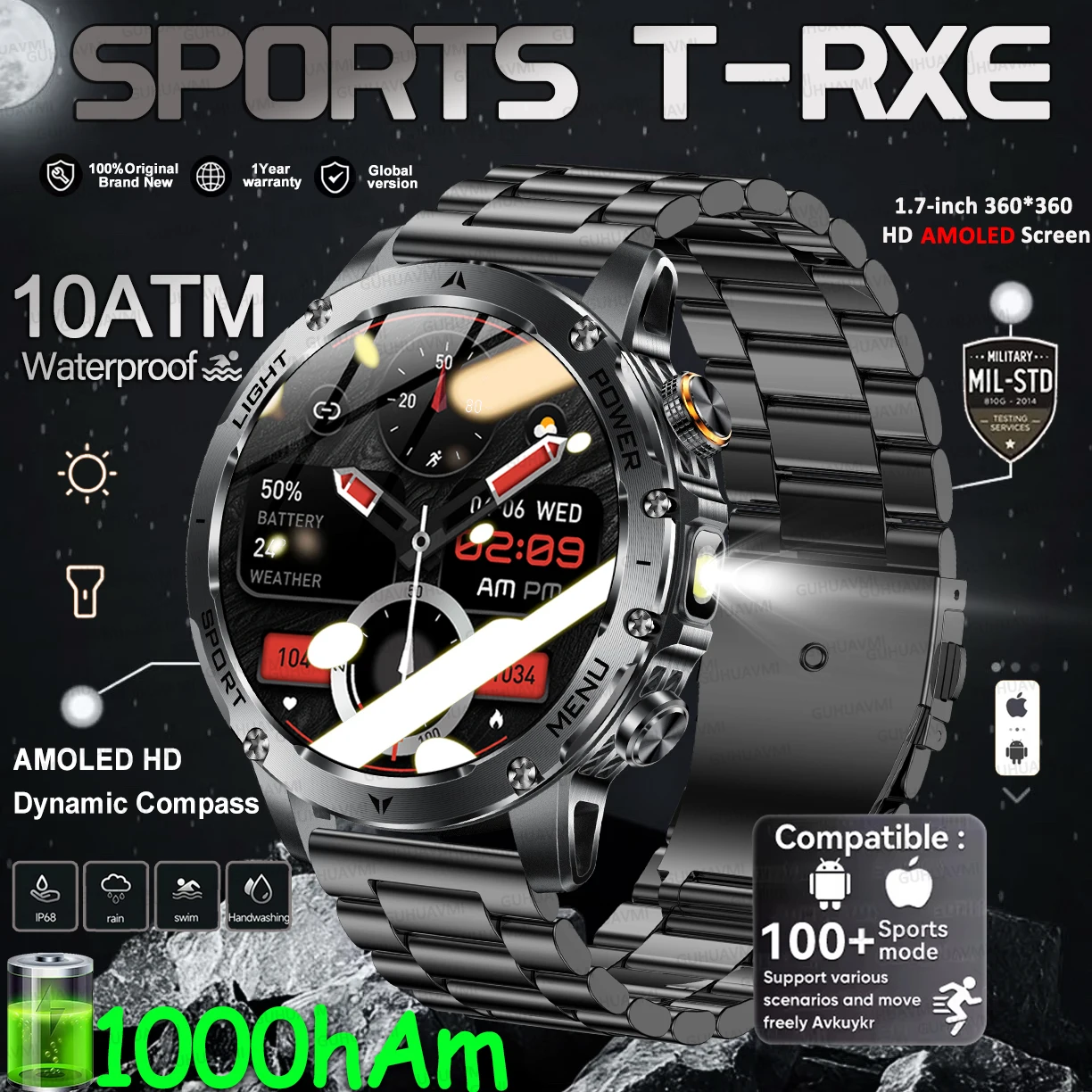 

Новые военные умные часы для мужчин 1,7 дюйма HD AMOLED 360*360 экран 100 + спортивные часы с пульсометром Bluetooth вызов водонепроницаемые SmartWatch 2025