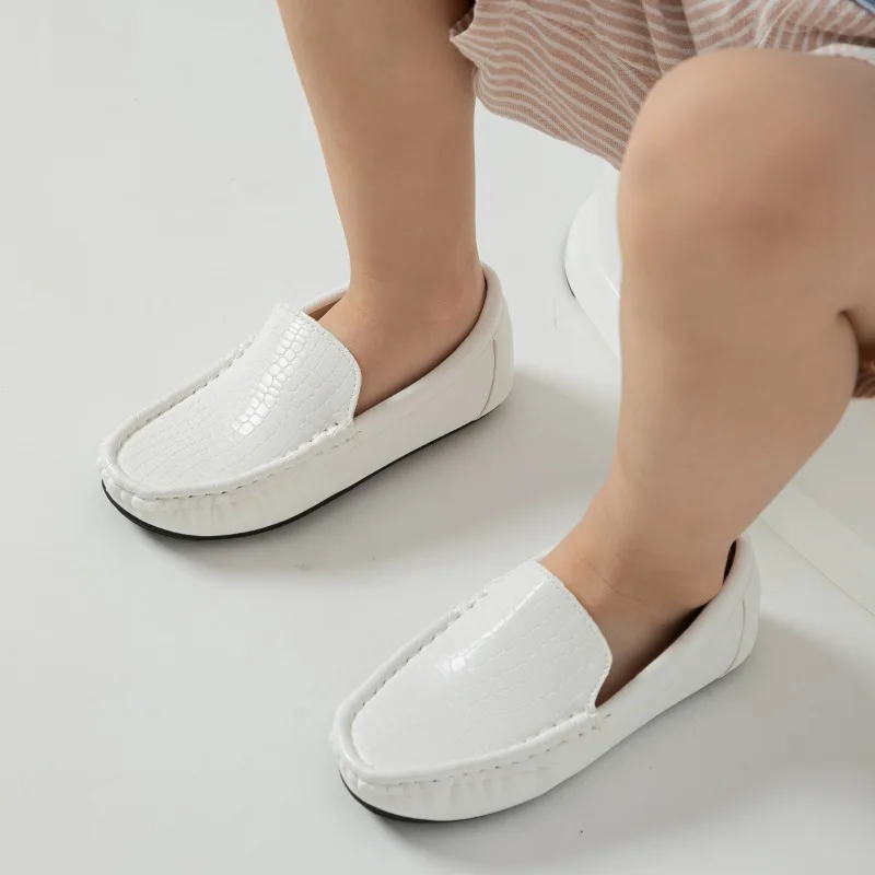 New Boys Leather Shoes 2026 Spring Autumn Children's School White Flat Shoes Soft Bottom Non-slip Uniform Kids Fashion Loafers