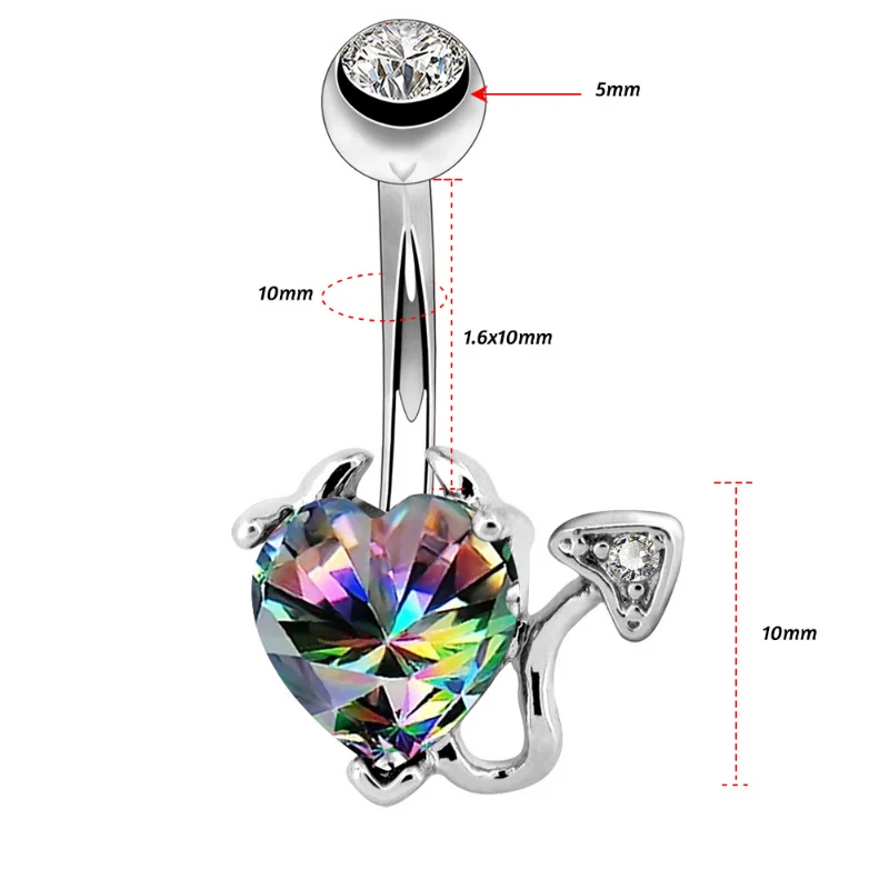 1 pz corpo Punk diavolo cuore ombelico anelli 14G cuore acciaio chirurgico ombelico bilancieri iridescente CZ Body Piercing