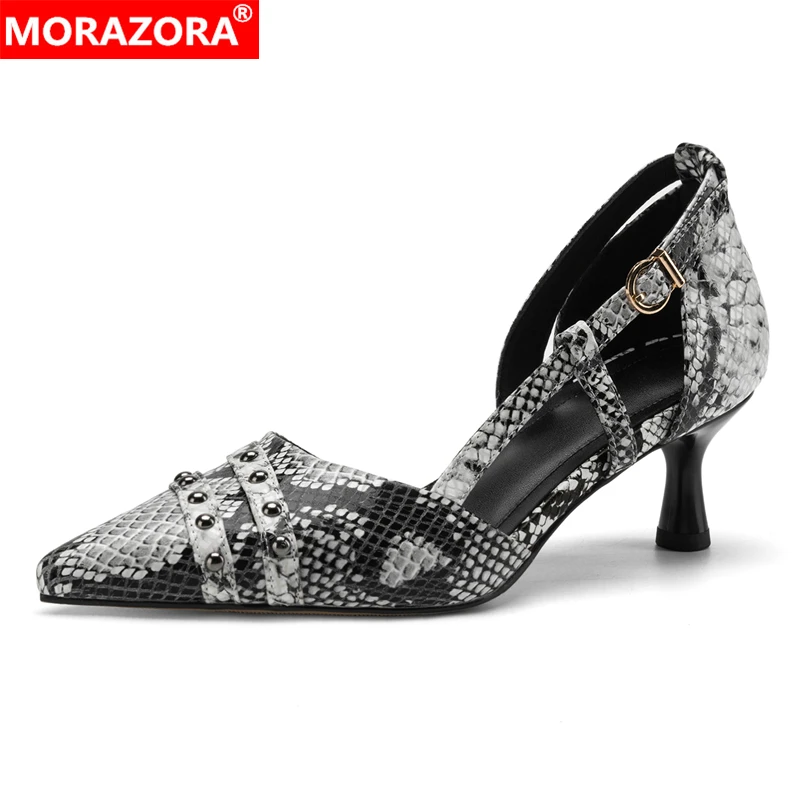 

MORAZORA Size 34-43 New Genuine Leather Sandals Women Shoes Snake Patten High Heels Party Dress Shoes Fashion Summer Sandals