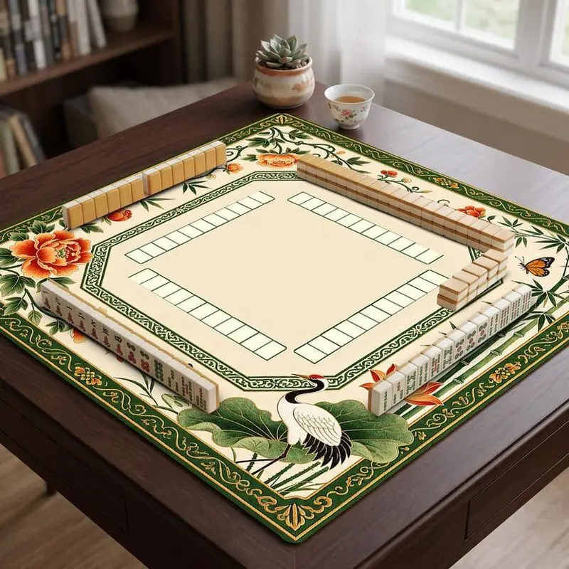 VIKAMA Green Bamboo Crane Peony Mahjong Mat Non Slip Noise Reduction Soft Square Pad Washable Family Party