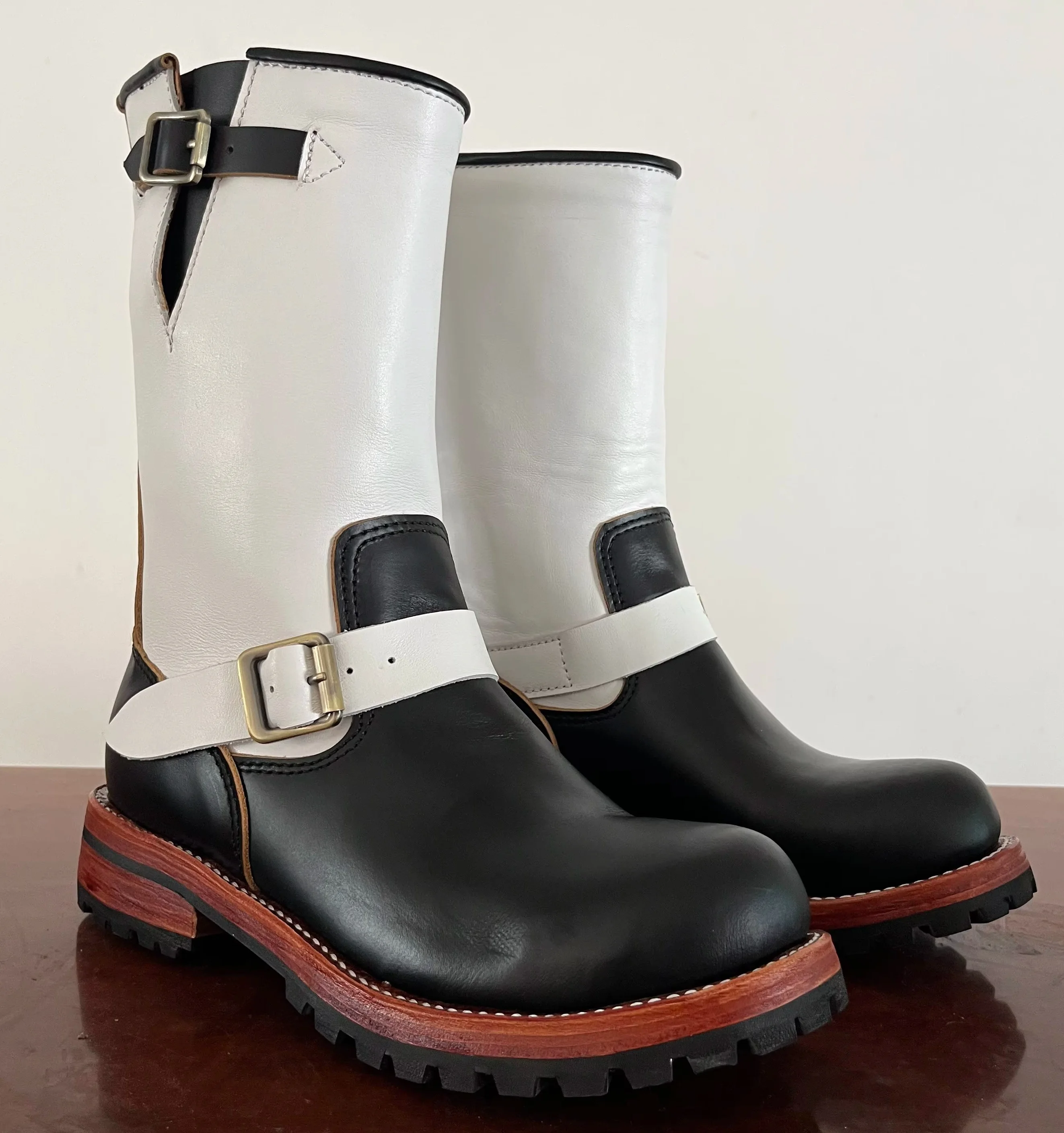 EBE666 Men High‑Shaft Engineer Leather Boots Goodyear Welt Single Buckle Vintage Motorcycle Thick Sole Work Boots For Men Daily