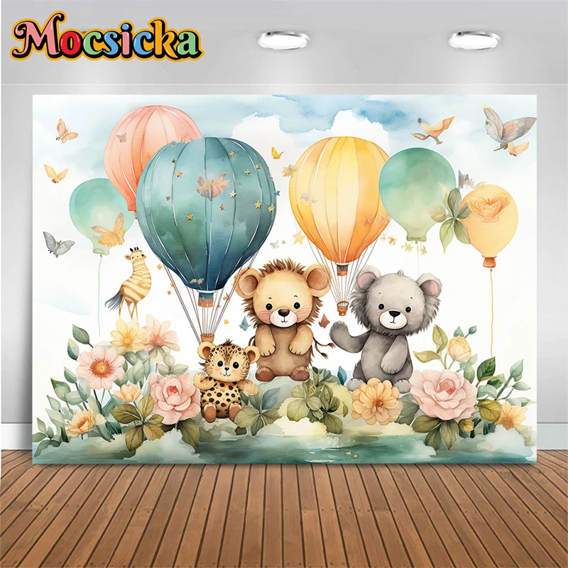

Mocsicka Hot Air Balloon Backdrop Photography Spring Flower Animal Lion Baby Shower Children Photo Background Decor Photo Studio